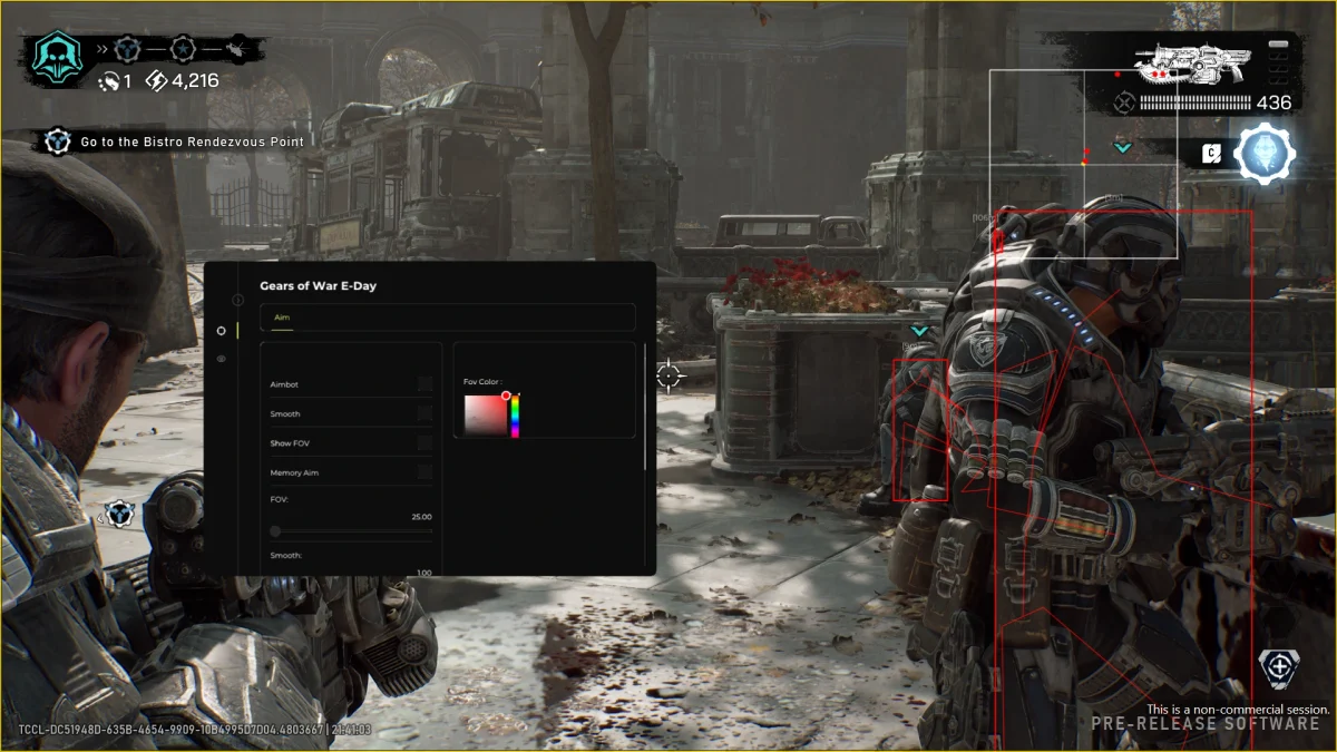 Gears of War E-Day cheat menu showing the aim tab in game