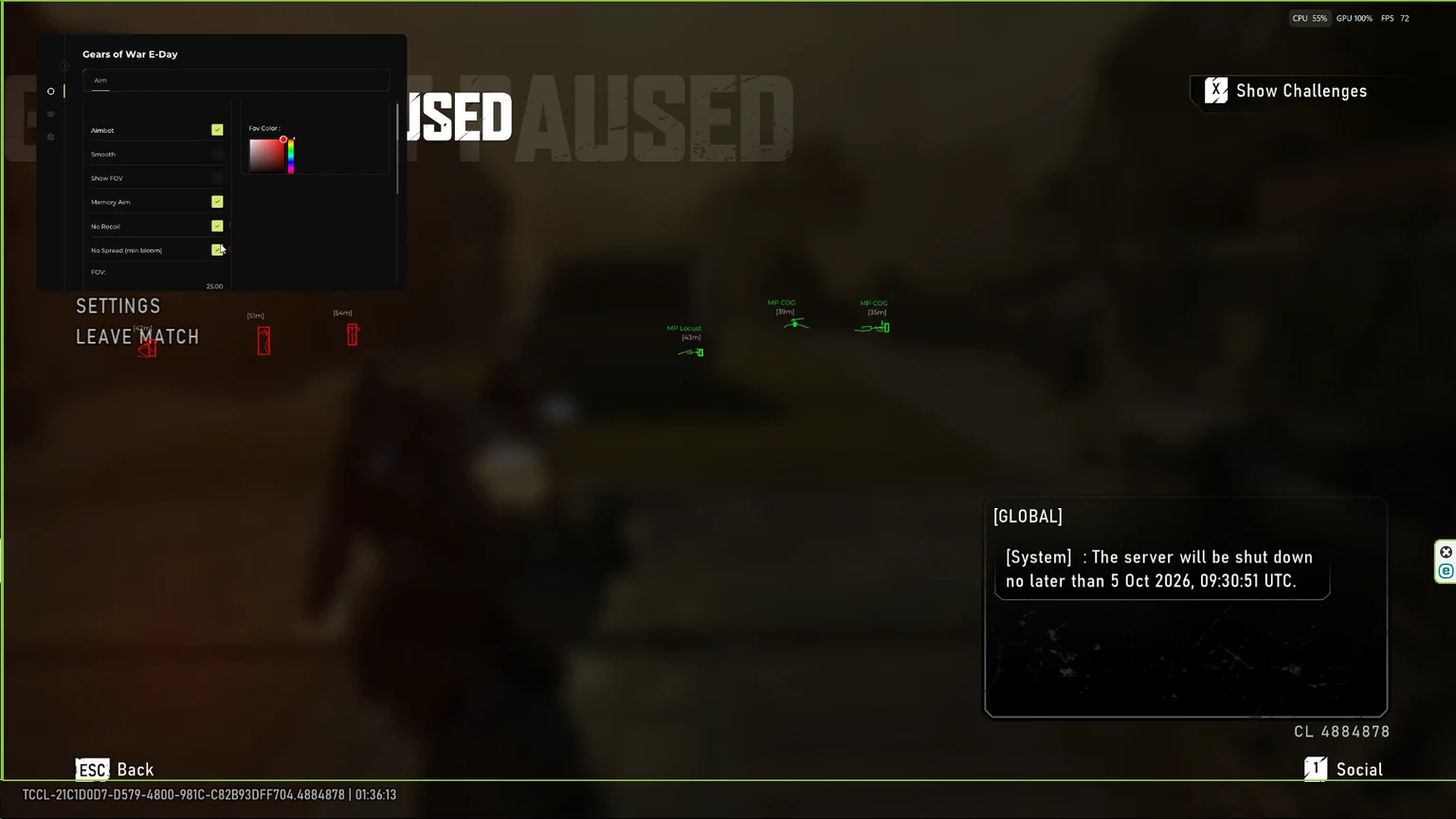 Gears of War E-Day aimbot menu with Aimbot, Smooth, Memory Aim, No Recoil and No Spread enabled